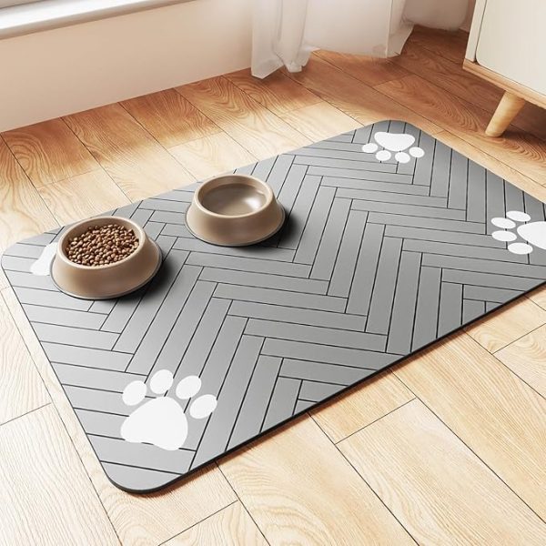 Pet Feeding Mat-Absorbent Pet Placemat for Food and Water Bowl, with Waterproof Rubber Backing, Quick Dry Water Dispenser Mat for Dog and Cat (12"x20", Striped Light Gray)